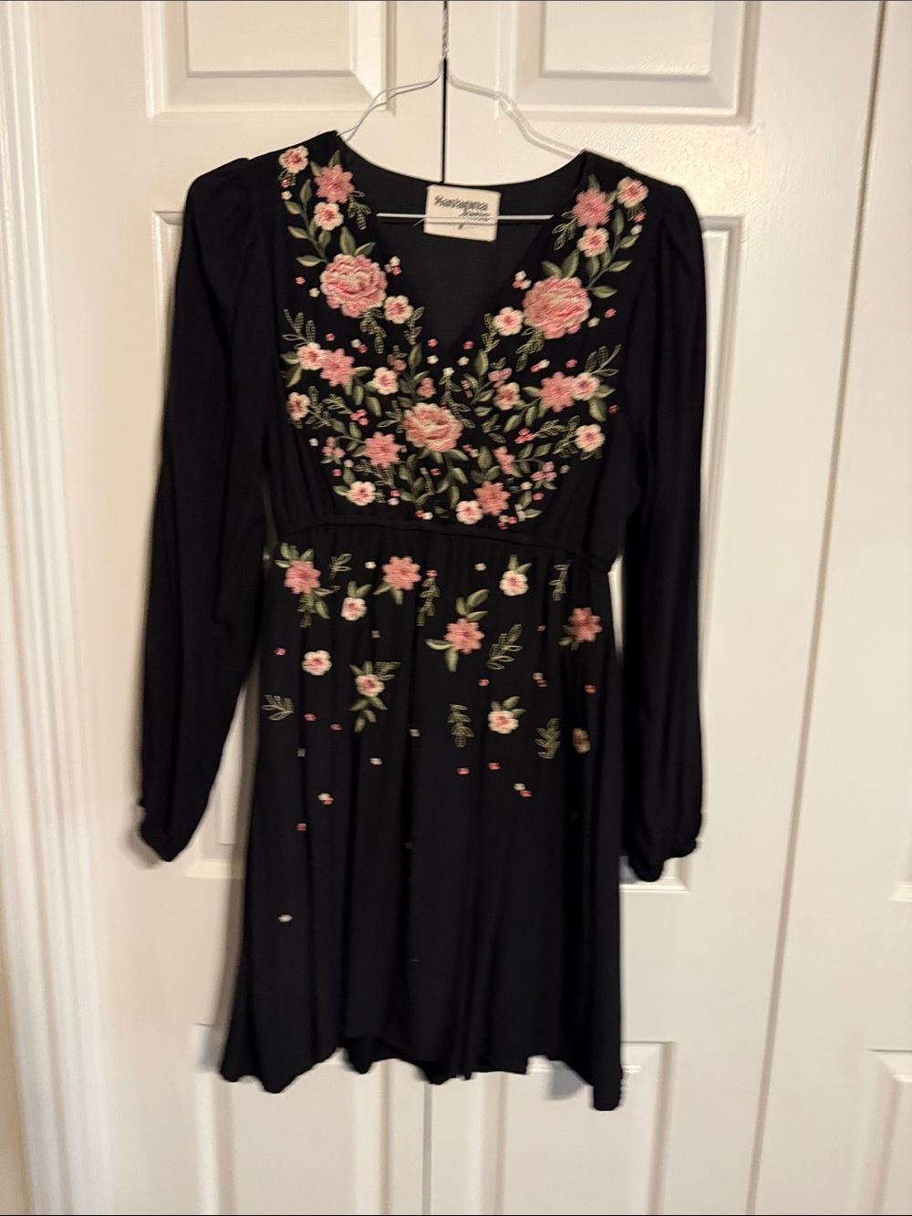 Savanna Jane Black Long Sleeve Dress with Pink Floral Embroidery